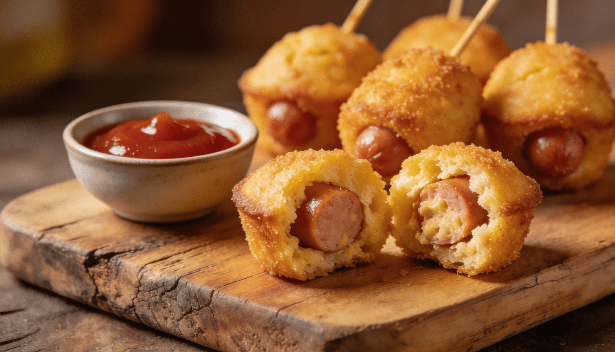 mini corn dog muffins with hot dog centers served on a wooden board alongside a bowl of ketchup for dipping