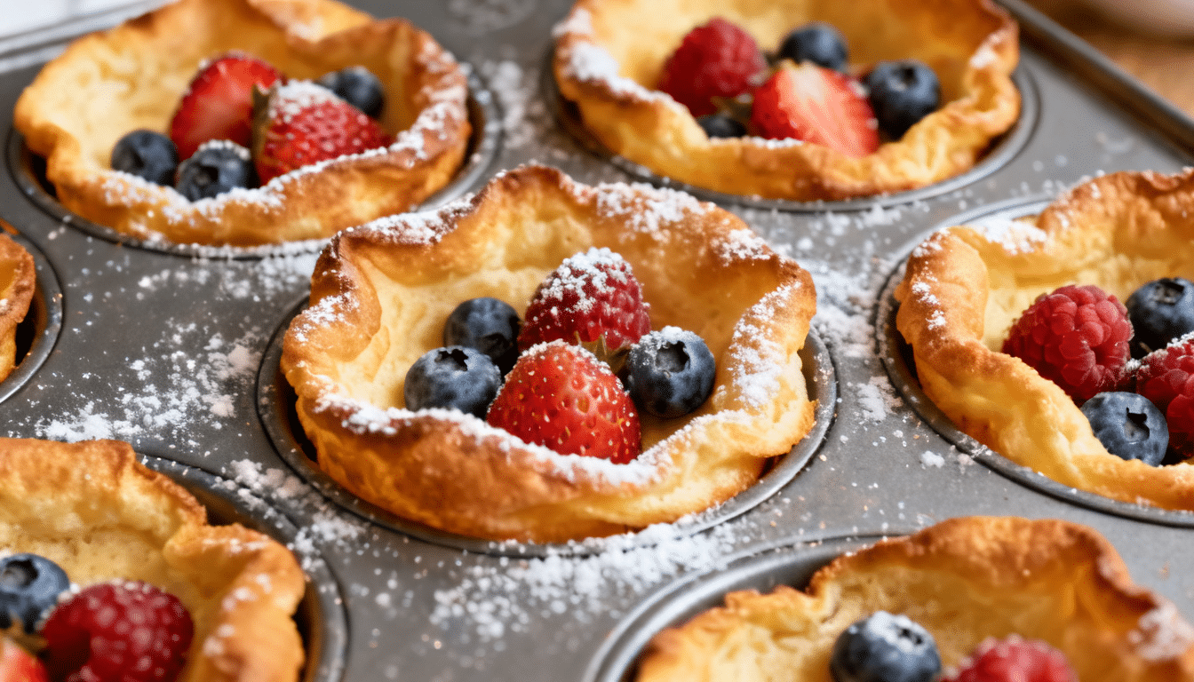 mini dutch baby pancakes baked in muffin tin and topped with fresh berries and powdered sugar