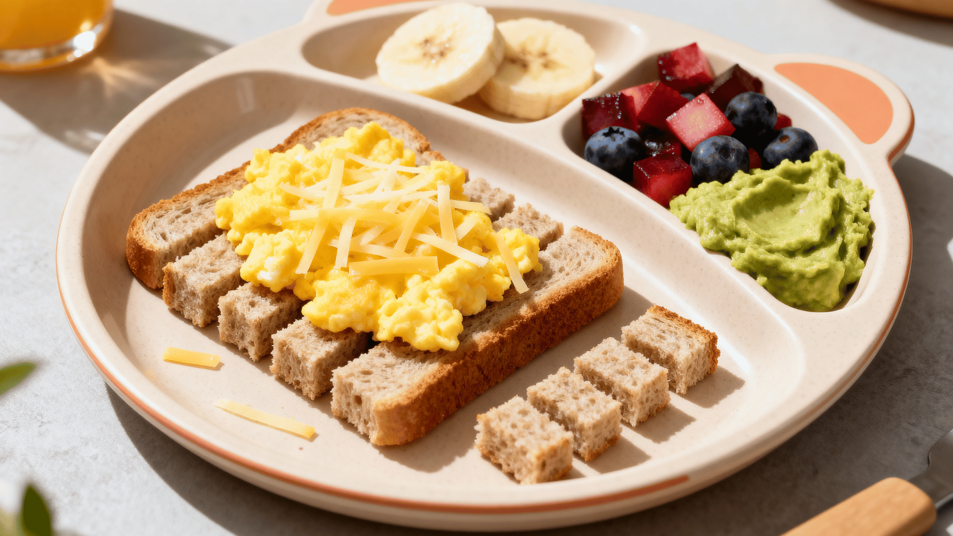 mini egg and cheese toast with avocado and soft fruit on a toddler plate