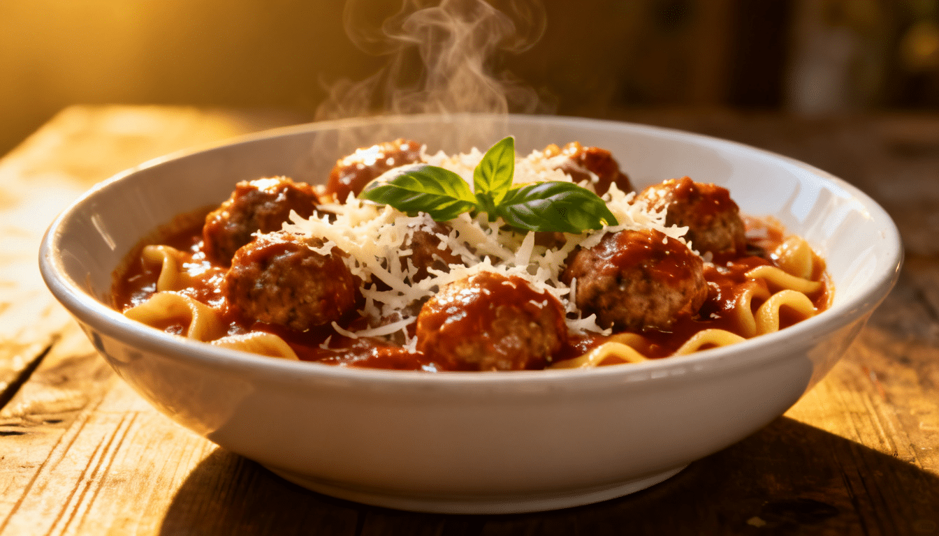 mini meatball pasta in marinara sauce topped with parmesan cheese and fresh basil in a steaming bowl
