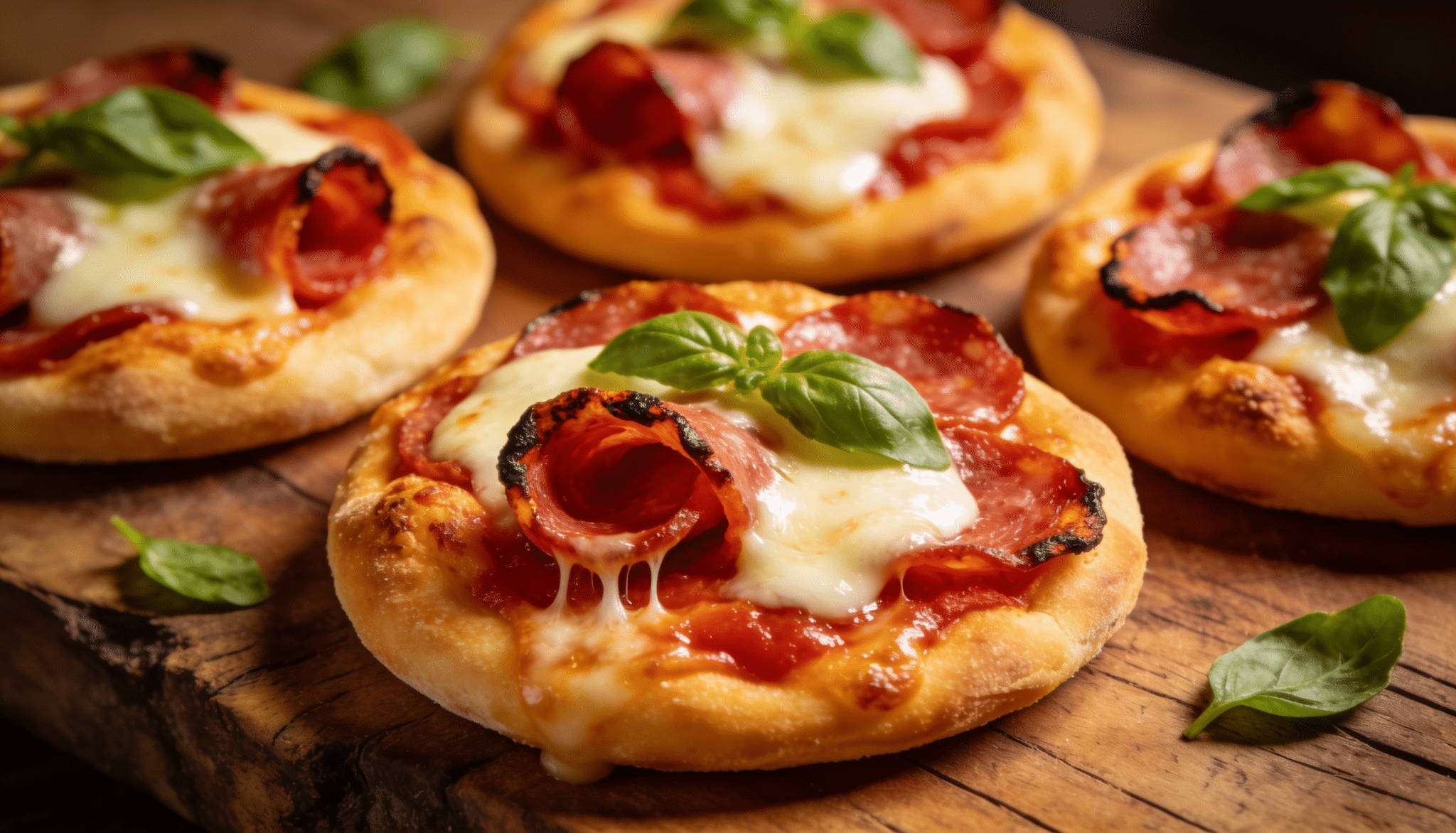 mini pizzas with melted mozzarella cheese, pizza sauce, and fresh basil leaves, served on a rustic wooden board with golden cru