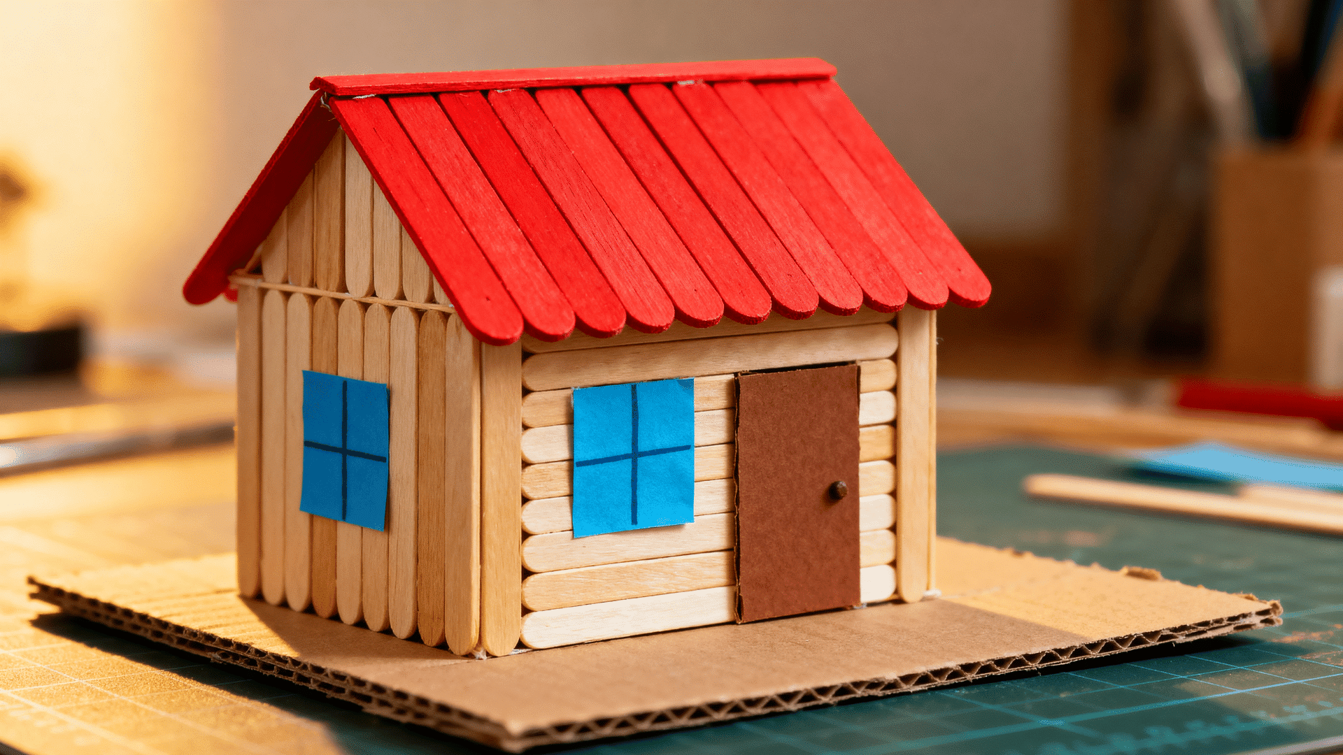 mini popsicle stick house model with red roof, blue windows, and brown door