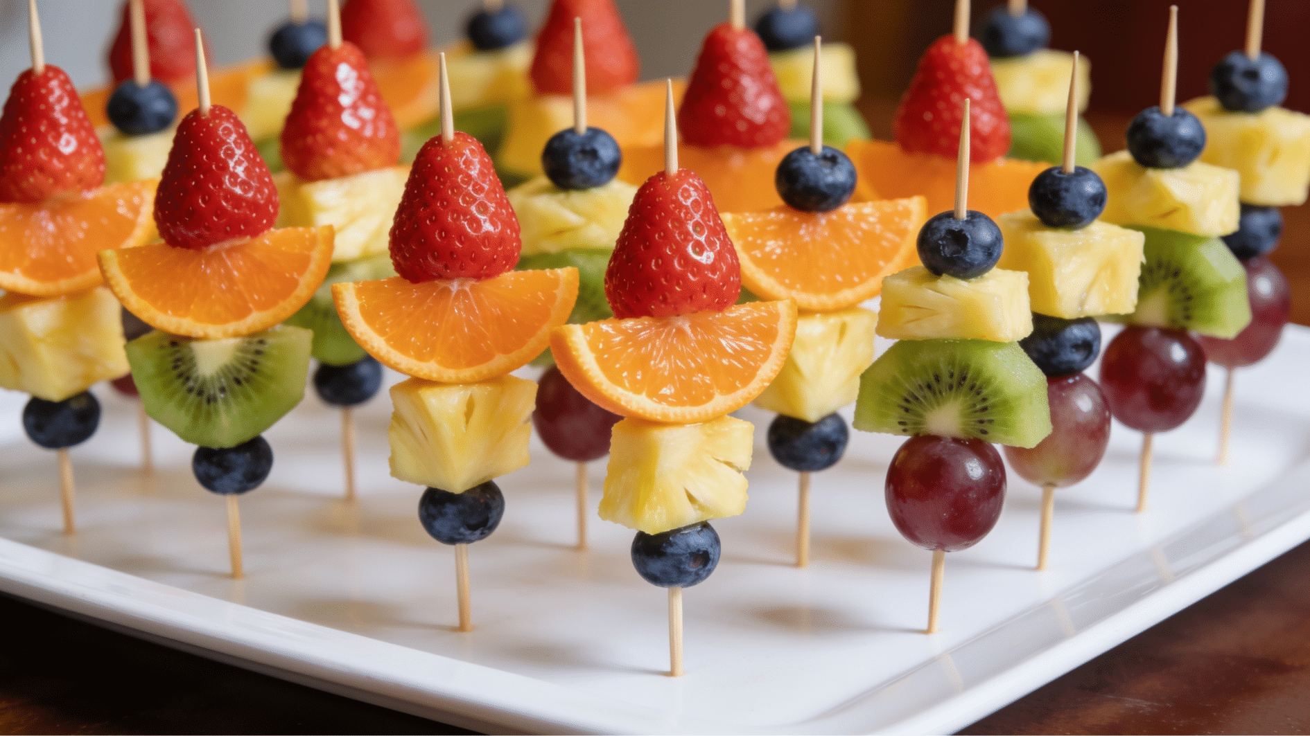 mini rainbow fruit skewers with strawberries oranges kiwi grapes and blueberries on platter