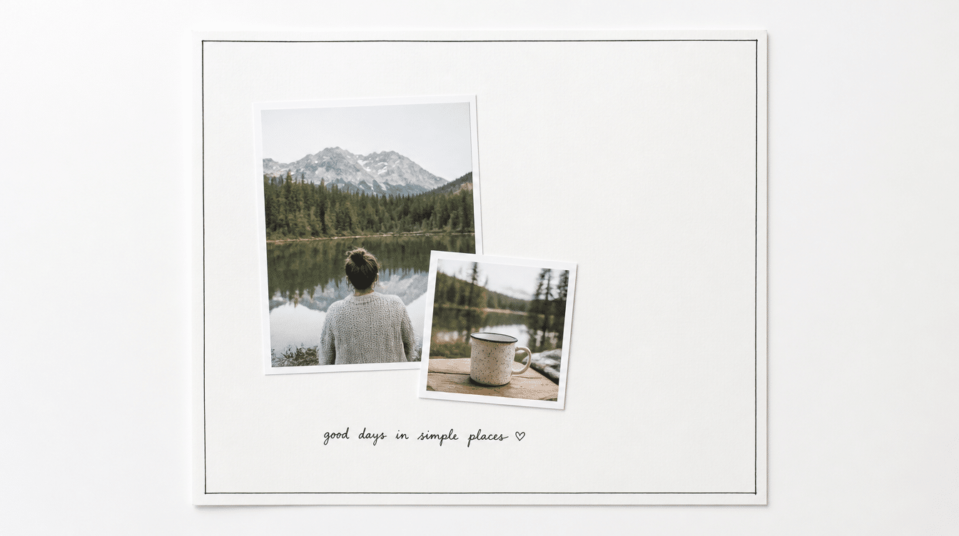 minimalist scrapbook layout featuring layered travel photos, handwritten caption, and open white space on a clean album page background