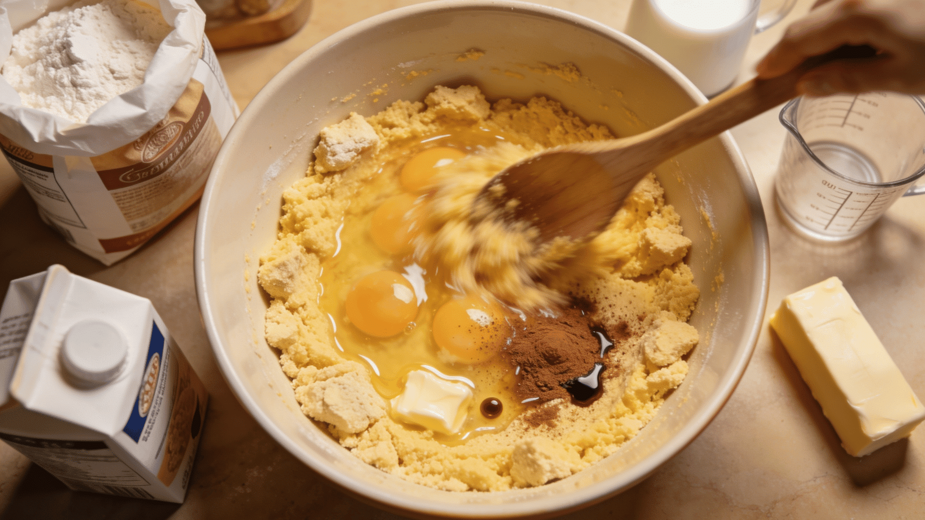 mixing the cake batter with mentioned ingredients