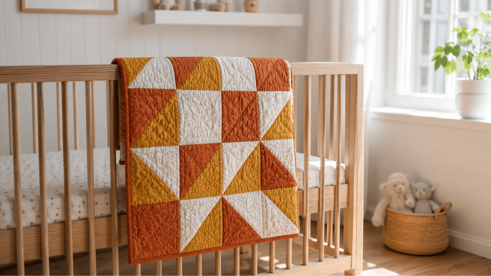 mustard orange and white triangle baby quilt draped over natural wood crib rail