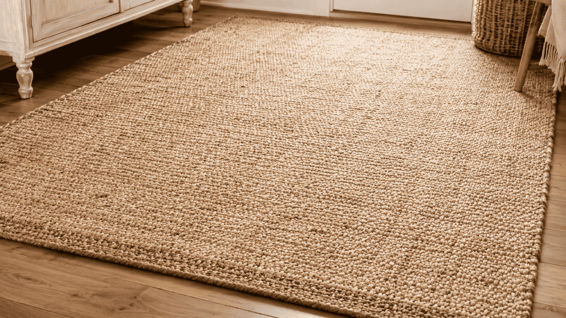natural braided woven area rug in farmhouse style decor in an indoor setting with maple wood flooring beneath and visible bed legs