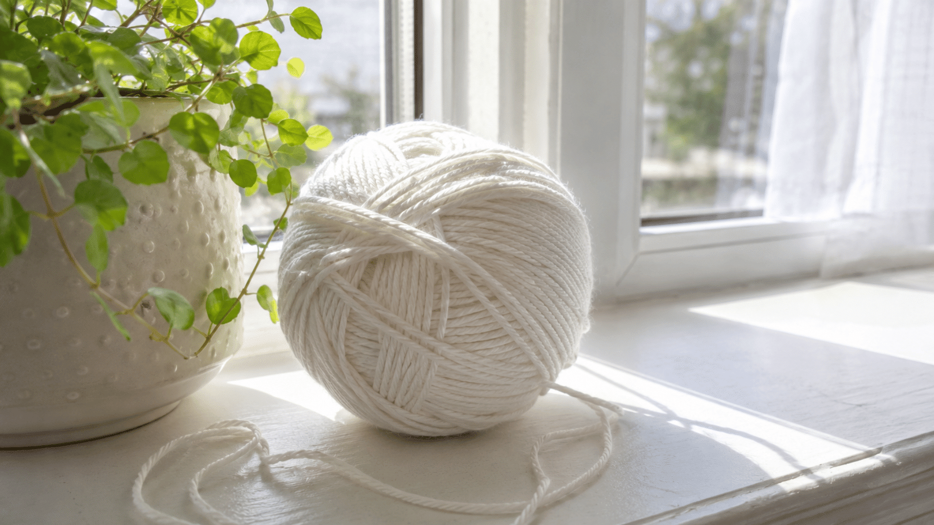 natural white cotton yarn ball on a sunny windowsill beside a small potted plant with soft curtains behind