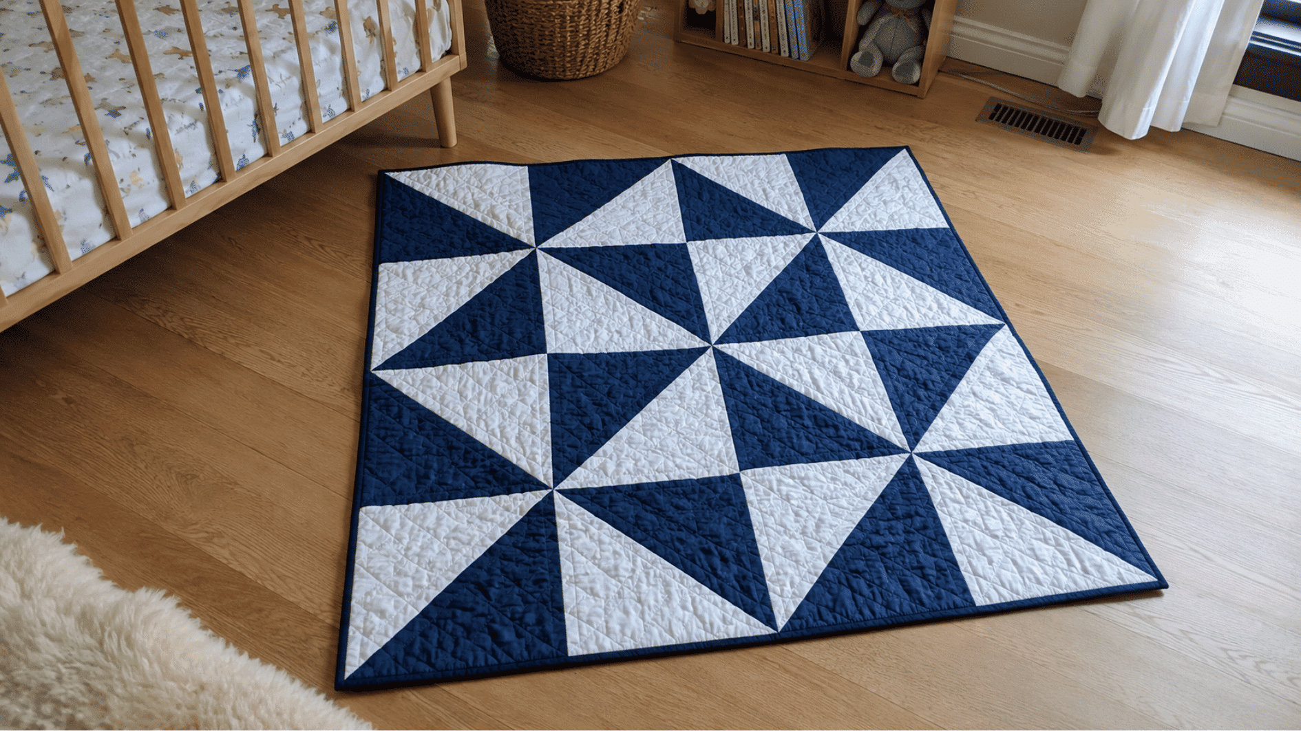 navy and white half square triangle baby quilt laid flat on nursery hardwood floor