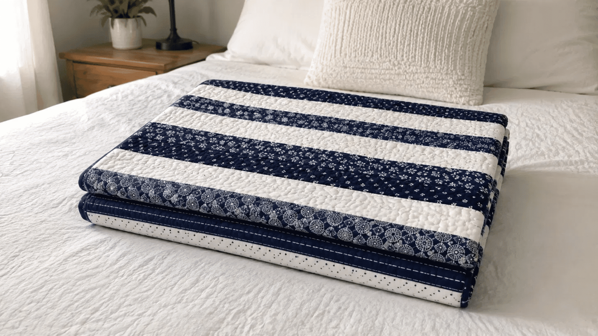 navy and white two-color jelly roll race quilt folded neatly on a white bed