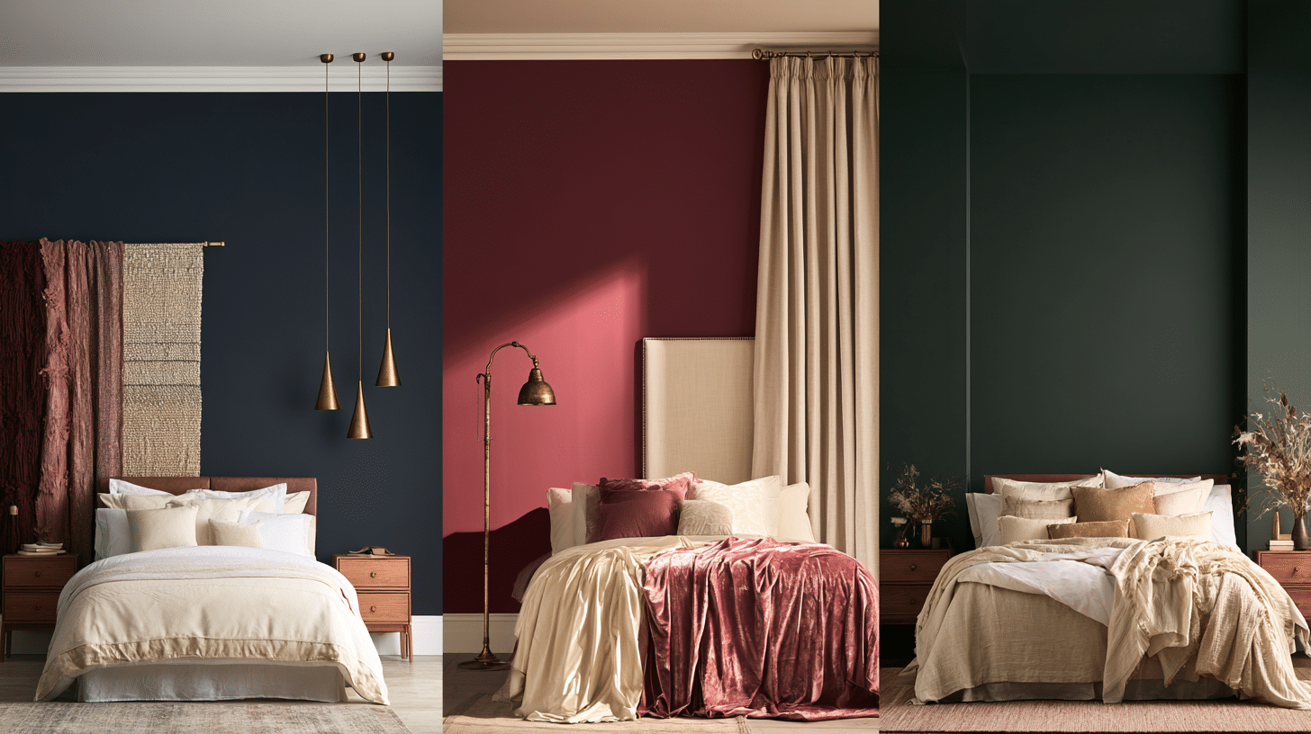 navy, plum and forest green color drenched bedrooms with layered bedding and warm lighting