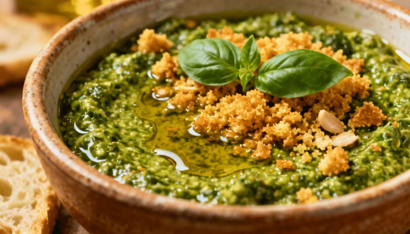nut-free basil pesto in rustic ceramic bowl topped with toasted breadcrumbs, basil leaves, and olive oil drizzle near bread slices