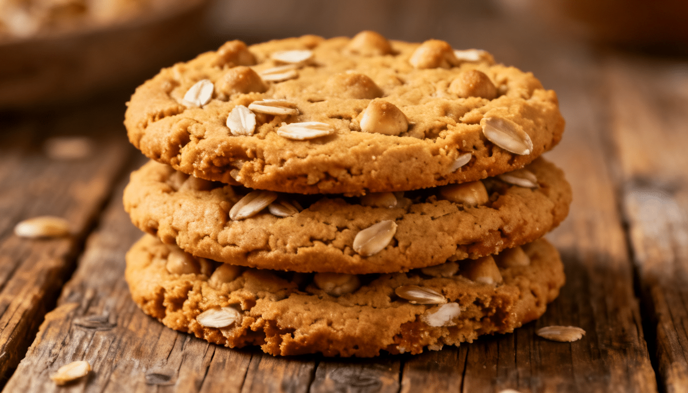 oatmeal peanut butter cookies stacked on a rustic wooden table with rolled oats and peanut pieces baked into each cookie