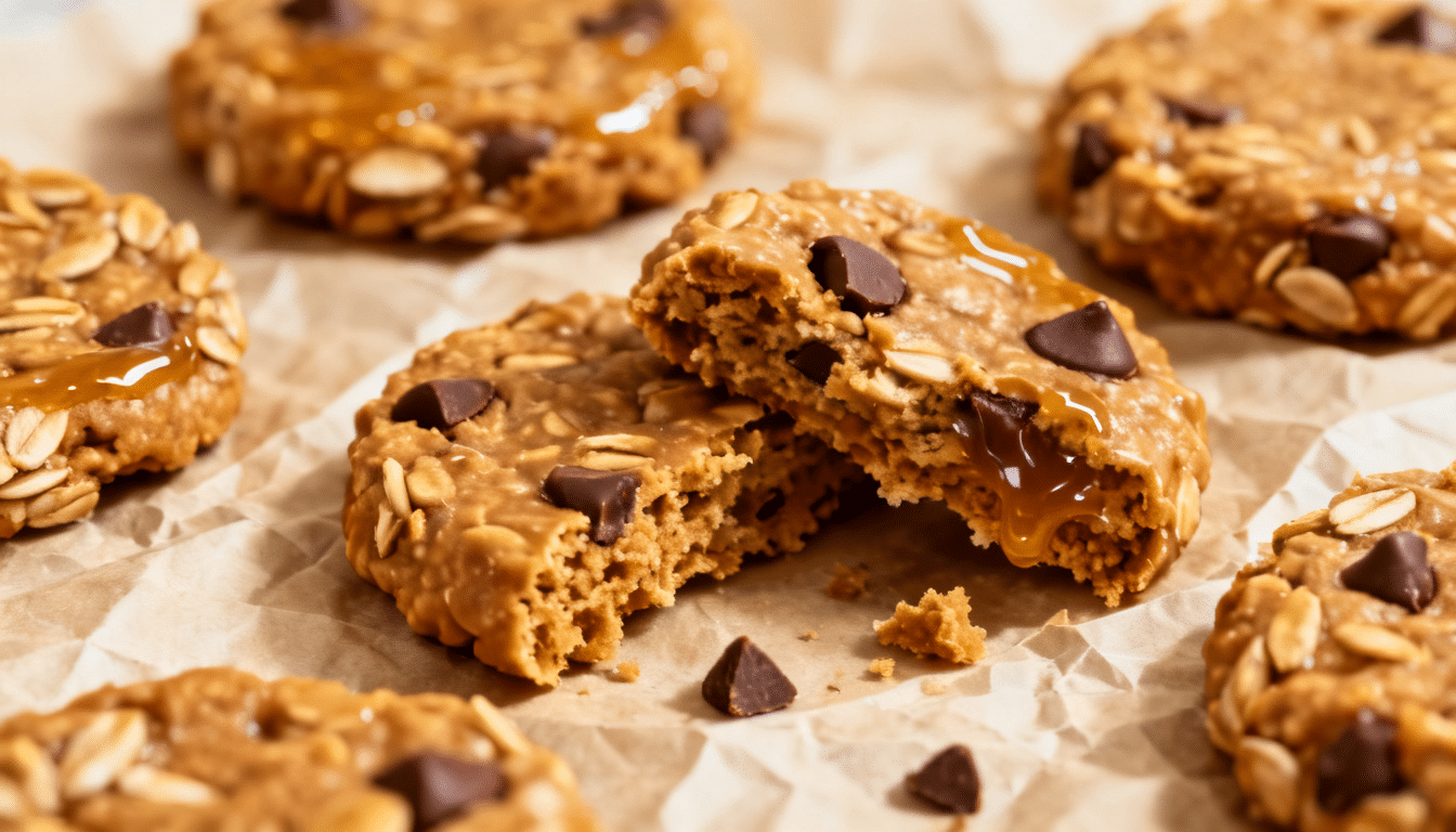 oatmeal peanut butter cookies with chocolate chips and caramel drizzle on parchment paper, including a cookie broken open in the center