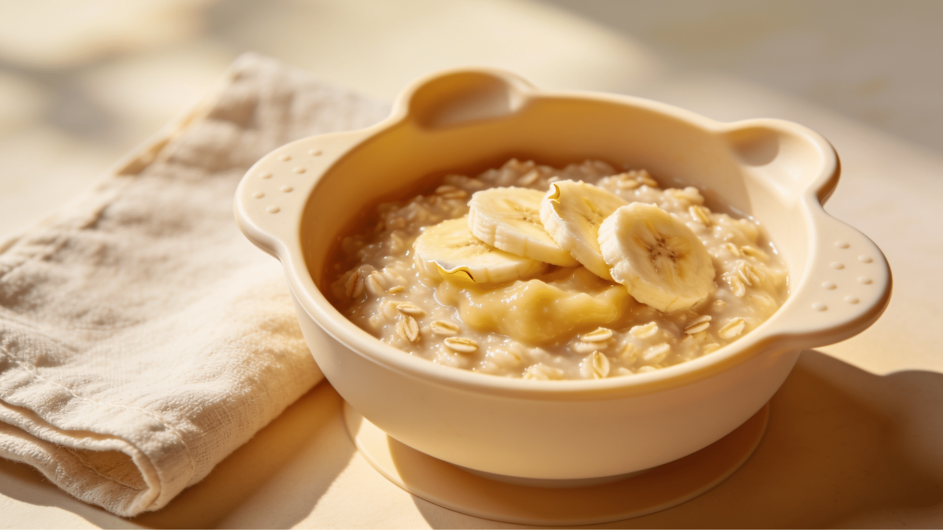 oatmeal with mashed banana in a baby bowl topped with fresh banana slices