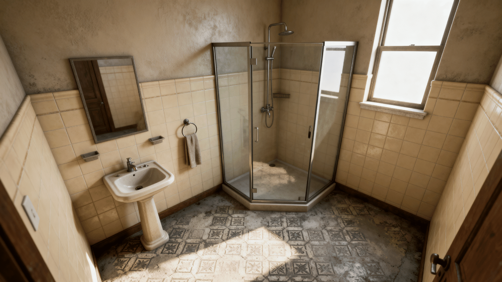old tub space converted into a long walk-in shower with glass partition