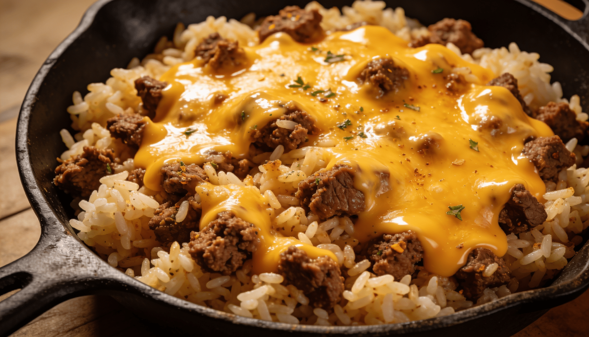 one-pan cheesy beef and rice skillet with seasoned ground beef, fluffy rice, and melted cheddar cheese topping