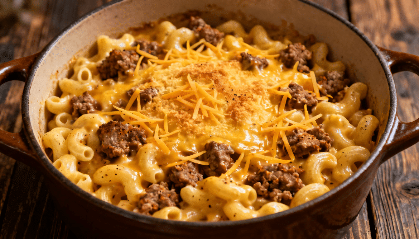 one-pot cheeseburger macaroni with seasoned ground beef, creamy cheddar cheese sauce, elbow pasta, and melted cheese topping in a skillet pot