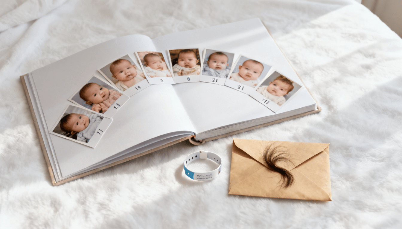 open baby scrapbook with monthly milestone photos, hospital bracelet, and keepsake envelope on soft white blanket surface