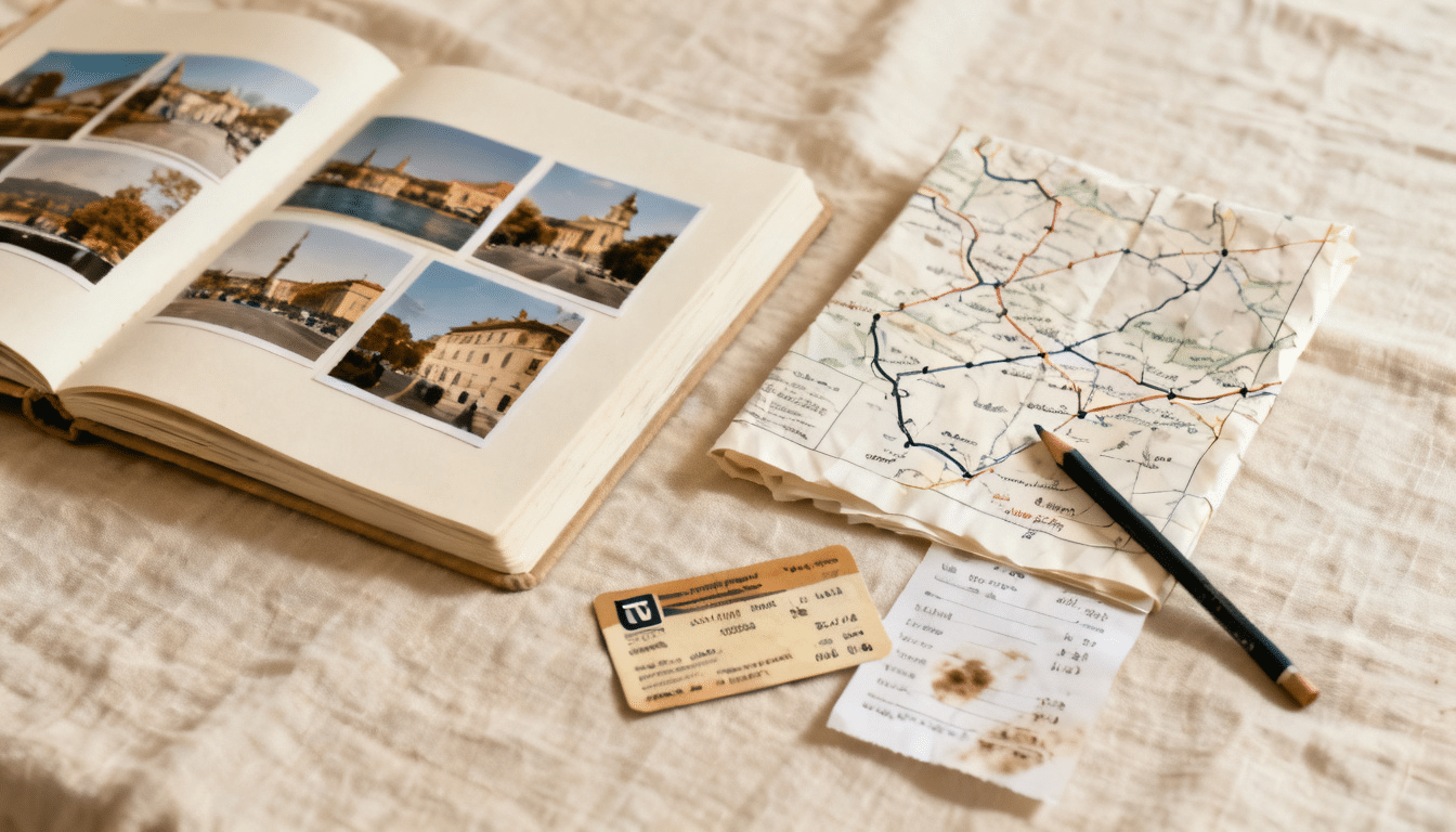 open travel scrapbook with vacation photos, map, ticket stub, receipt, and pencil on linen fabric surface
