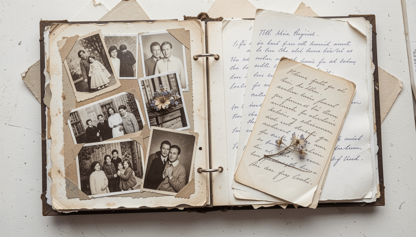 open vintage scrapbook album with old family photos, handwritten letters, and pressed flowers on pages
