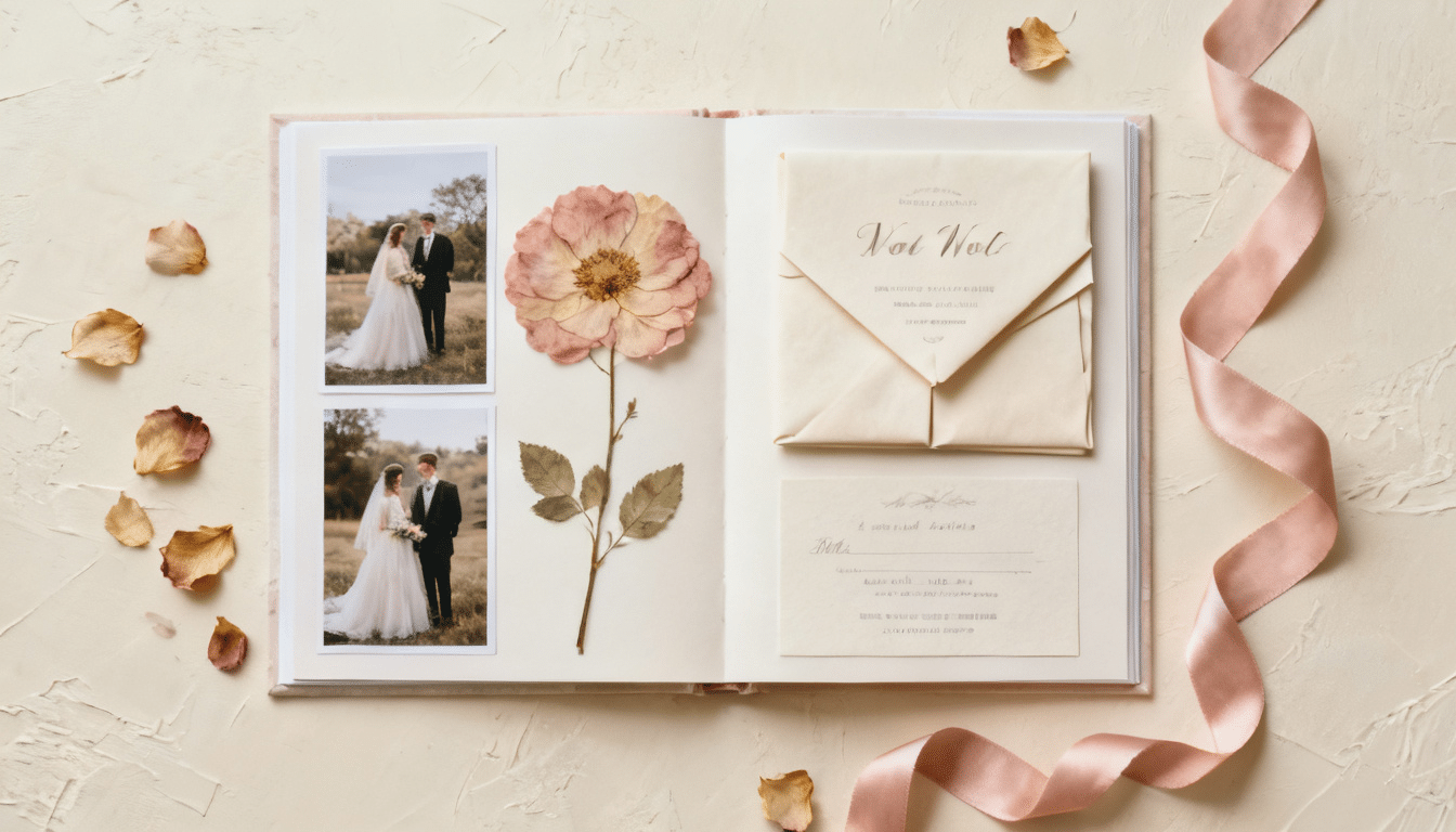 open wedding scrapbook with couple marriage photos, invitation card, pressed flower, and pink ribbon on ivory background surface