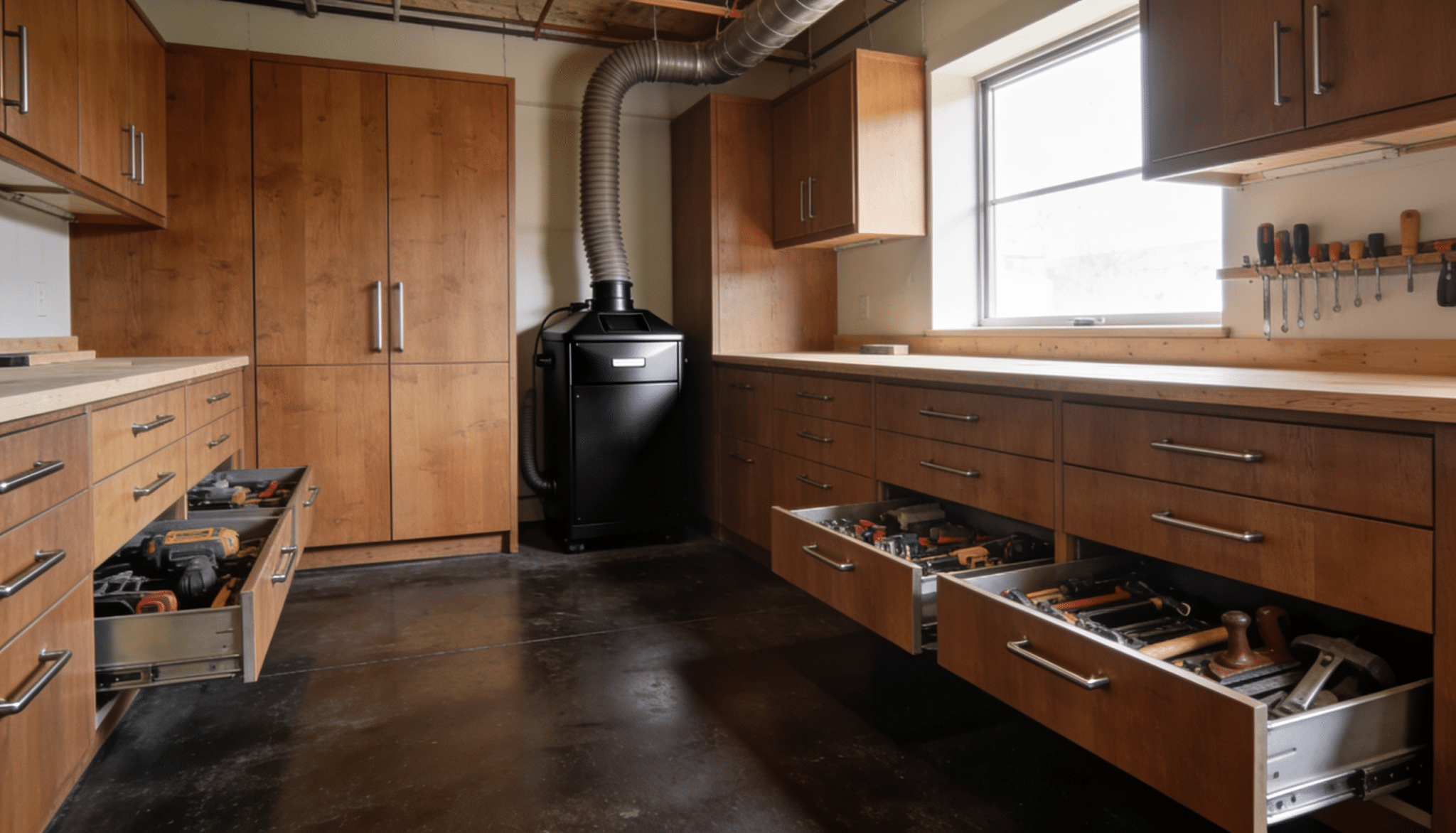 organized hobby workshop addition with built-in cabinets, tool storage drawers, spacious workbench, and dedicated project area