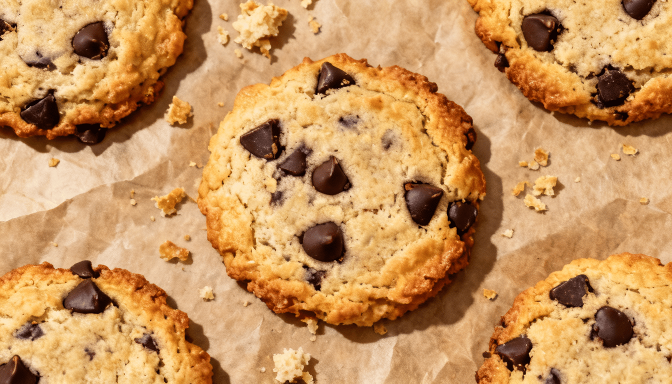 overhead view of golden coconut flour chocolate chip cookies on parchment paper with scattered crumbs and chocolate chips