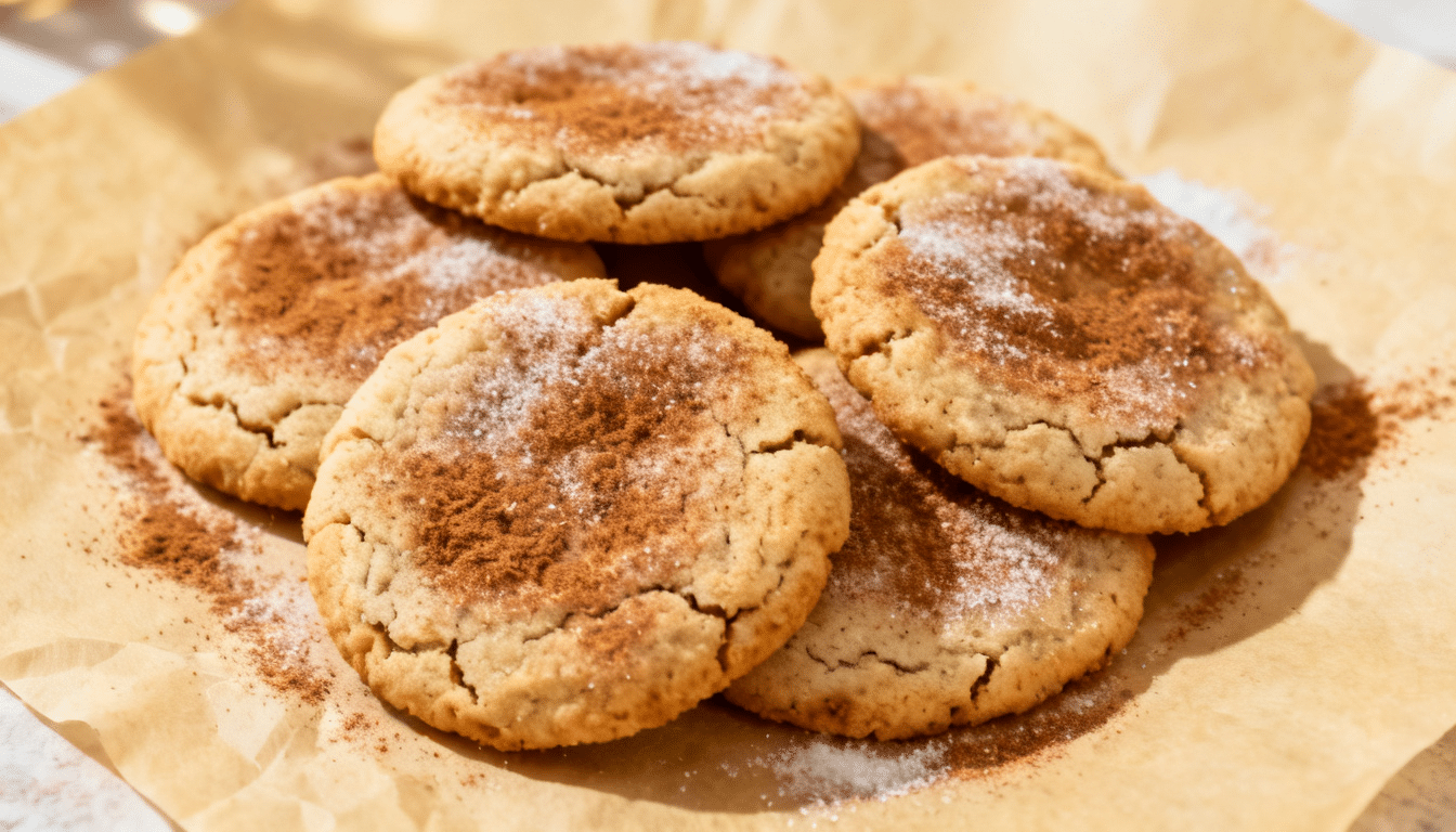 overhead view of keto snickerdoodle coconut flour cookies dusted with cinnamon sweetener on parchment paper with a golden baked texture