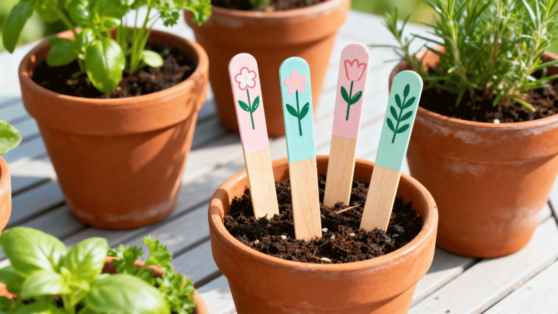 painted popsicle stick plant markers in terracotta herb pots with green herbs