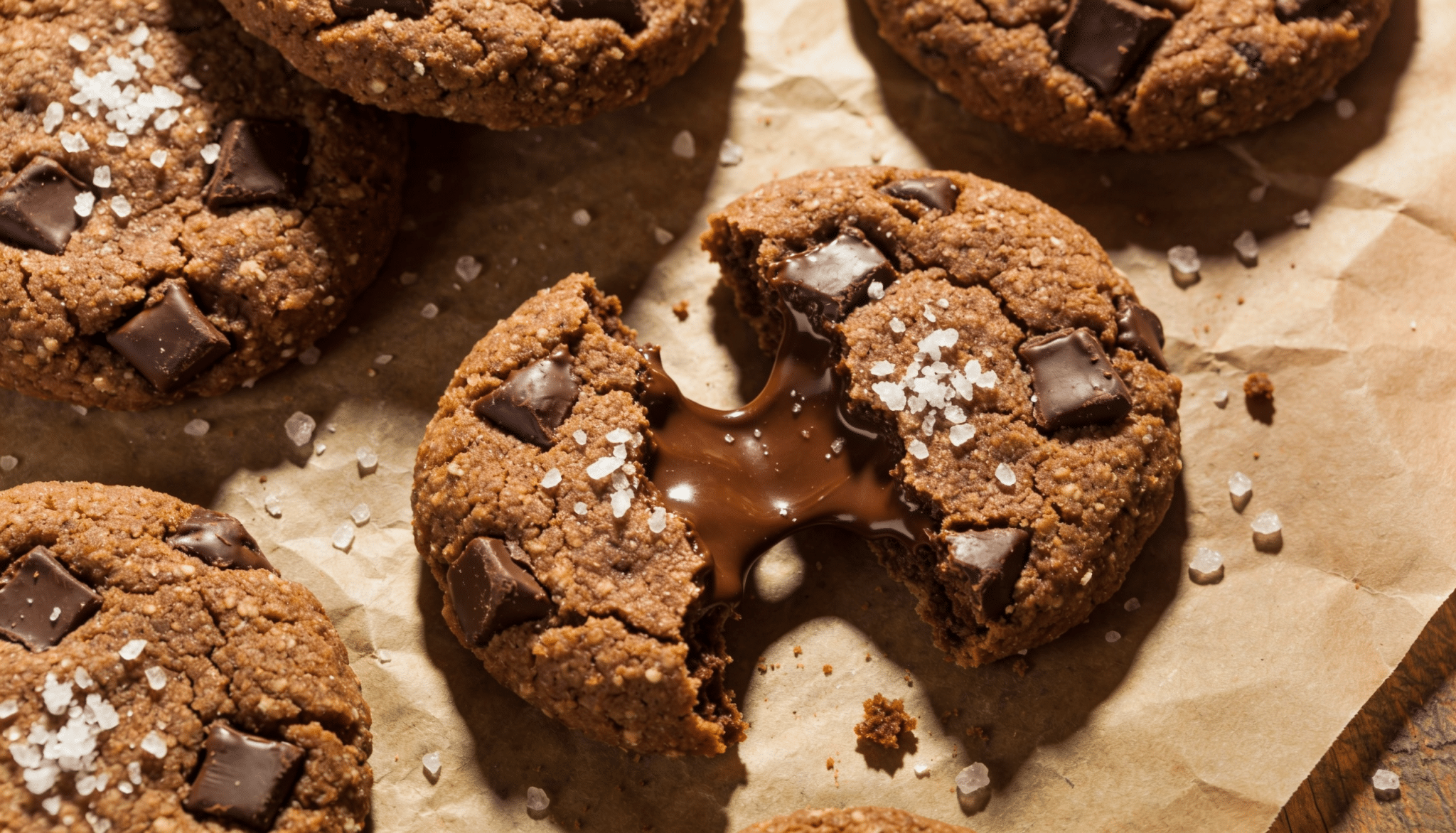 paleo chocolate chunk coconut flour cookies with melted chocolate center and sea salt flakes on parchment paper