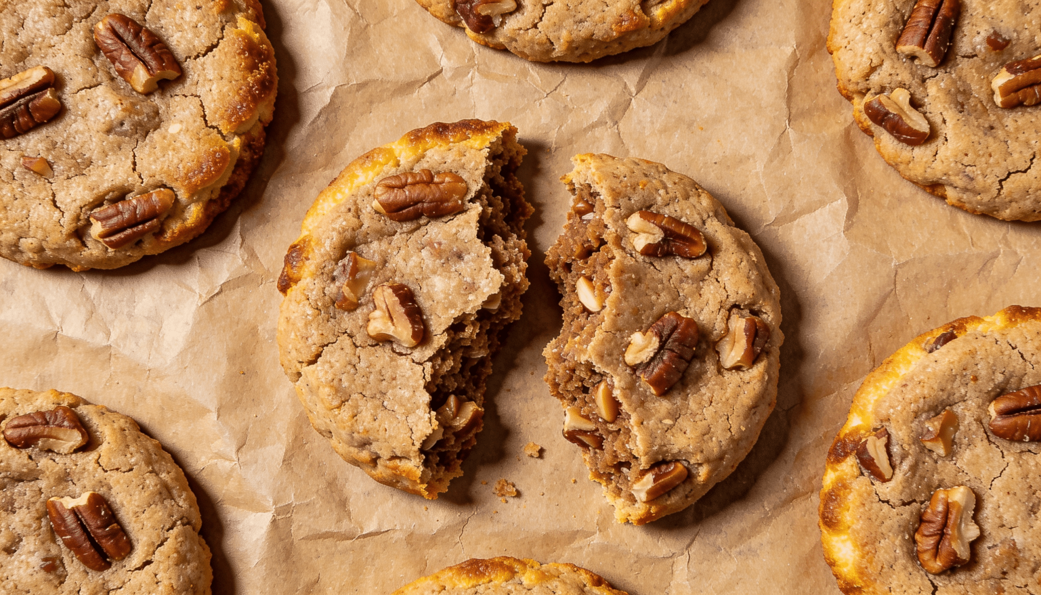 paleo maple pecan coconut flour cookies topped with chopped pecans on parchment paper with one cookie broken open in the center showing a soft texture