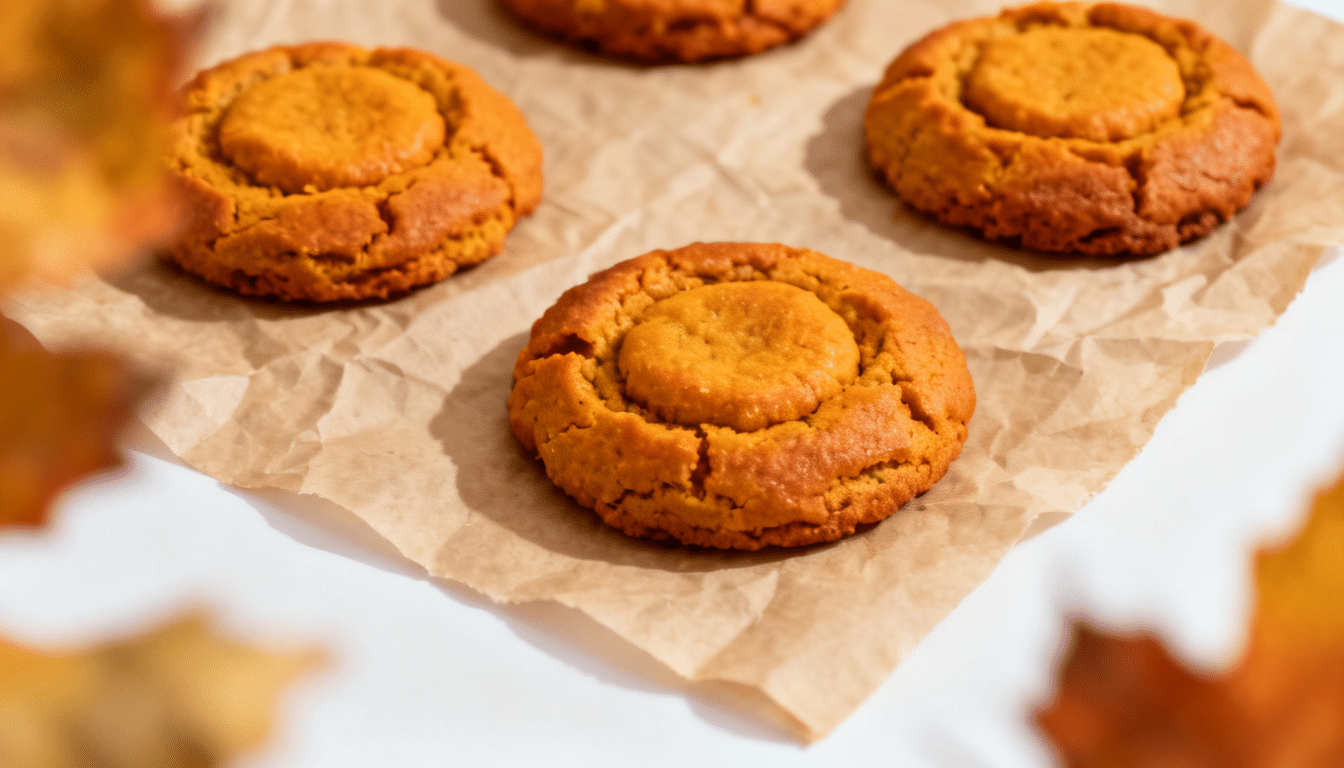 paleo pumpkin spice coconut flour cookies on parchment paper with warm autumn tones and a golden baked finish