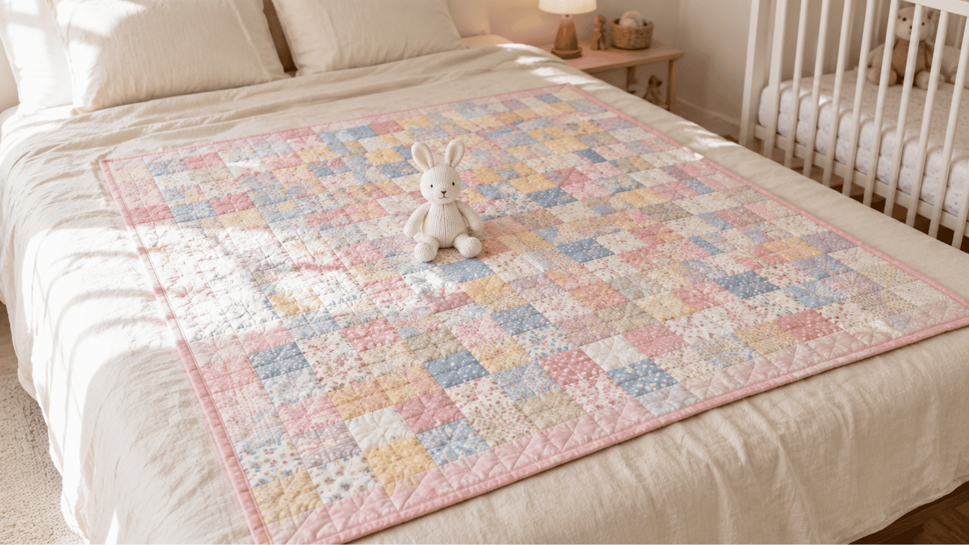 pastel four patch patchwork baby quilt on cream linen bed with knitted bunny toy