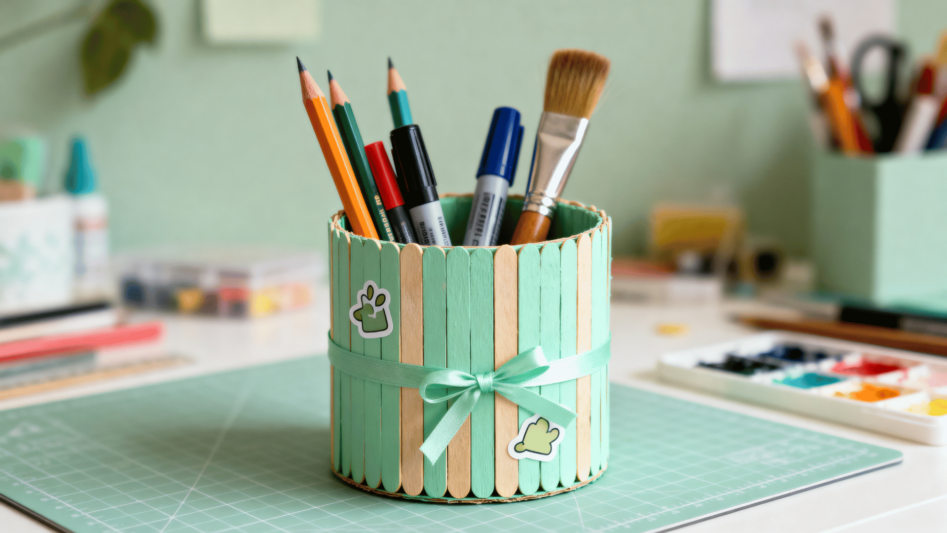 pastel green popsicle stick pencil holder filled with pencils markers and brushes