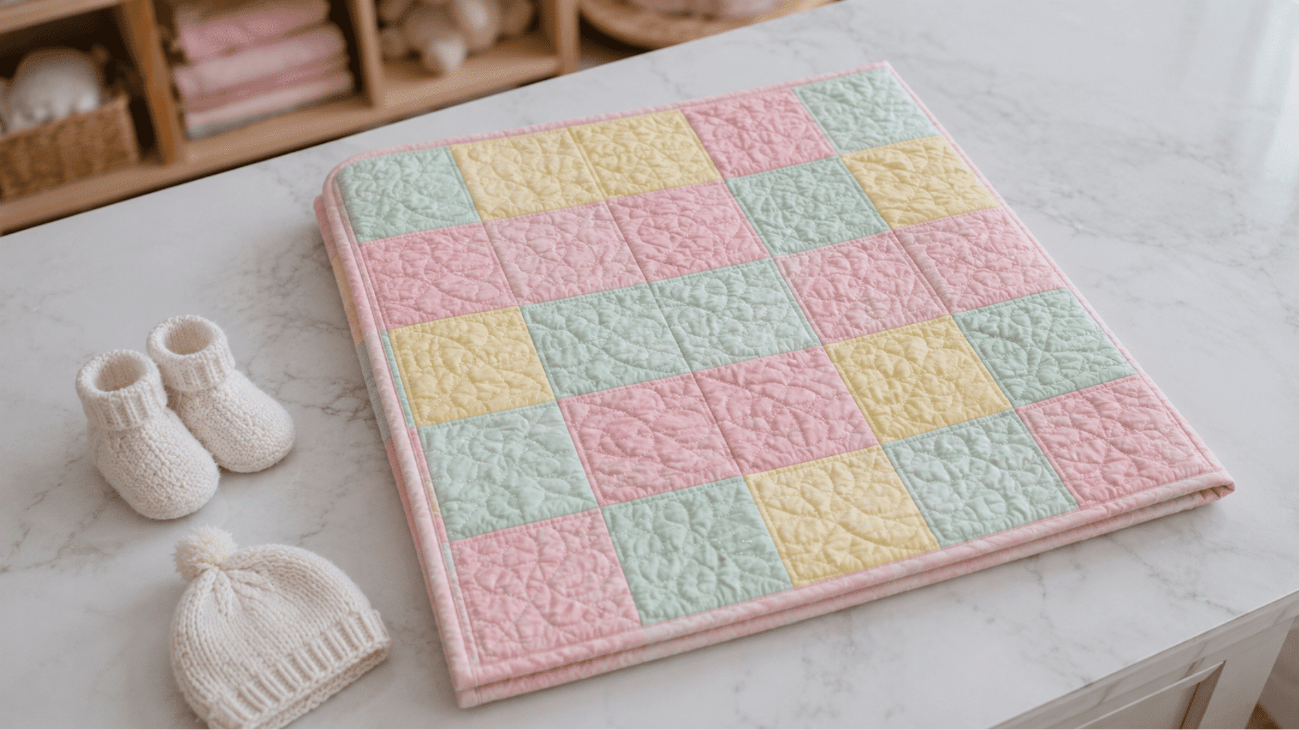 pastel pink mint and yellow tile baby quilt on marble surface with baby booties