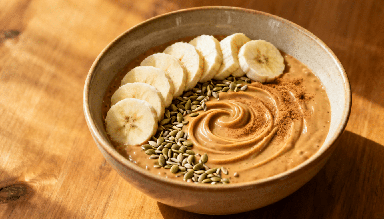 peanut butter banana protein bowl topped with banana slices pumpkin seeds and cinnamon in a ceramic bowl on wood table
