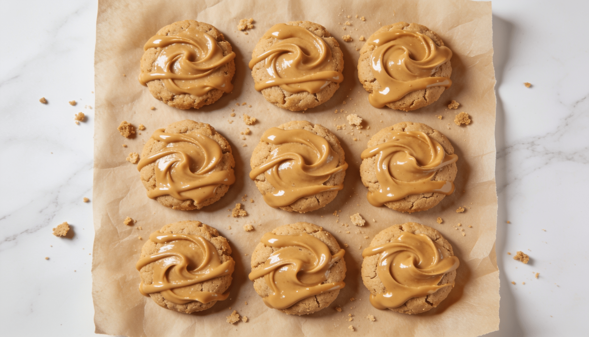 peanut butter coconut flour cookies topped with creamy peanut butter on parchment paper with cookie crumbs scattered around
