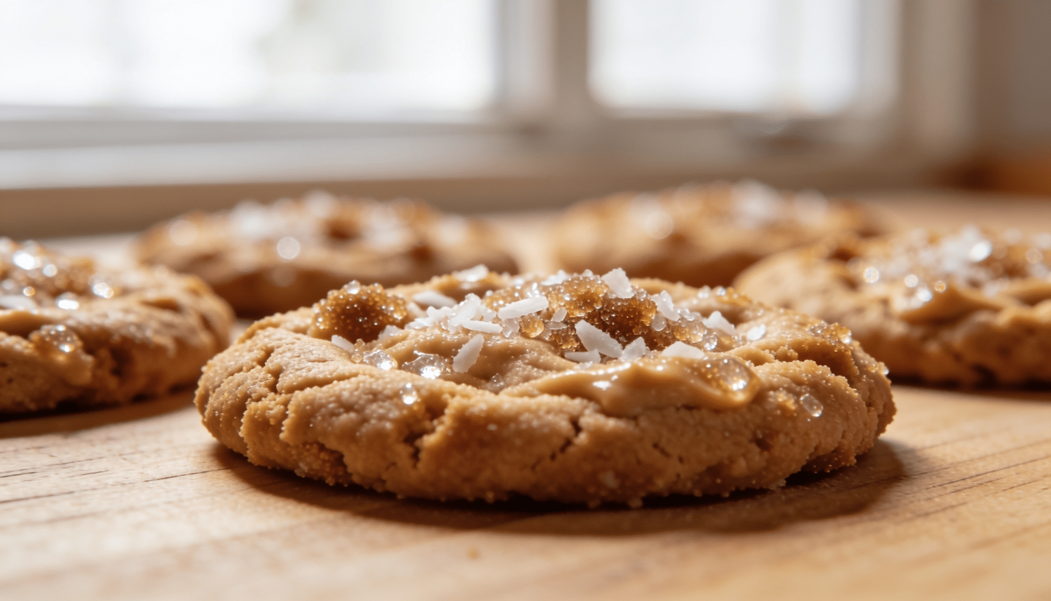 peanut butter cookies topped with coarse sugar and coconut flakes on a wooden surface near a bright window backdrop