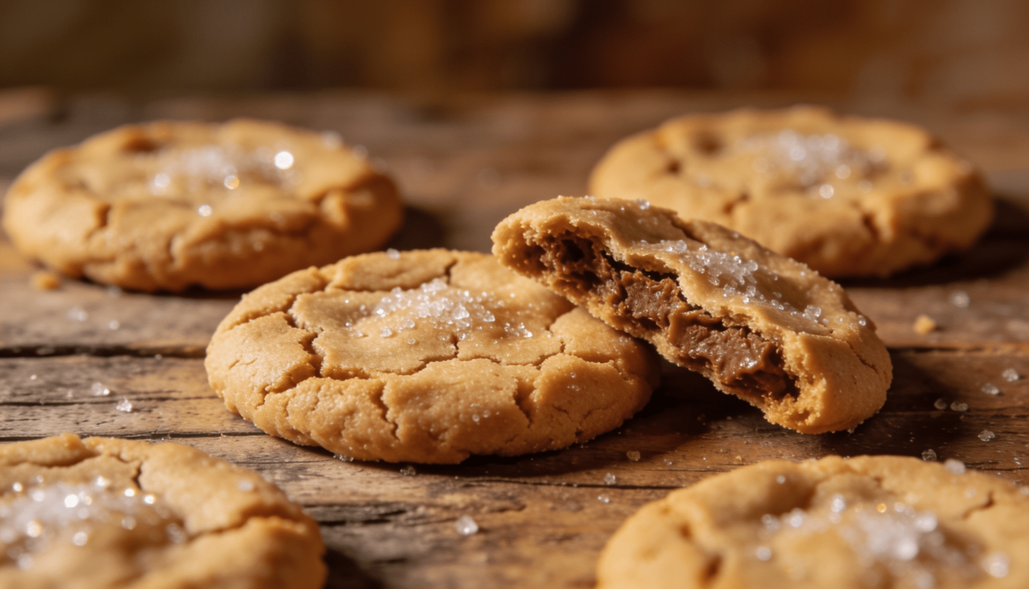 peanut butter cookies with sugar topping on a rustic wooden table, including a cookie with a chocolate-filled center cut open for display