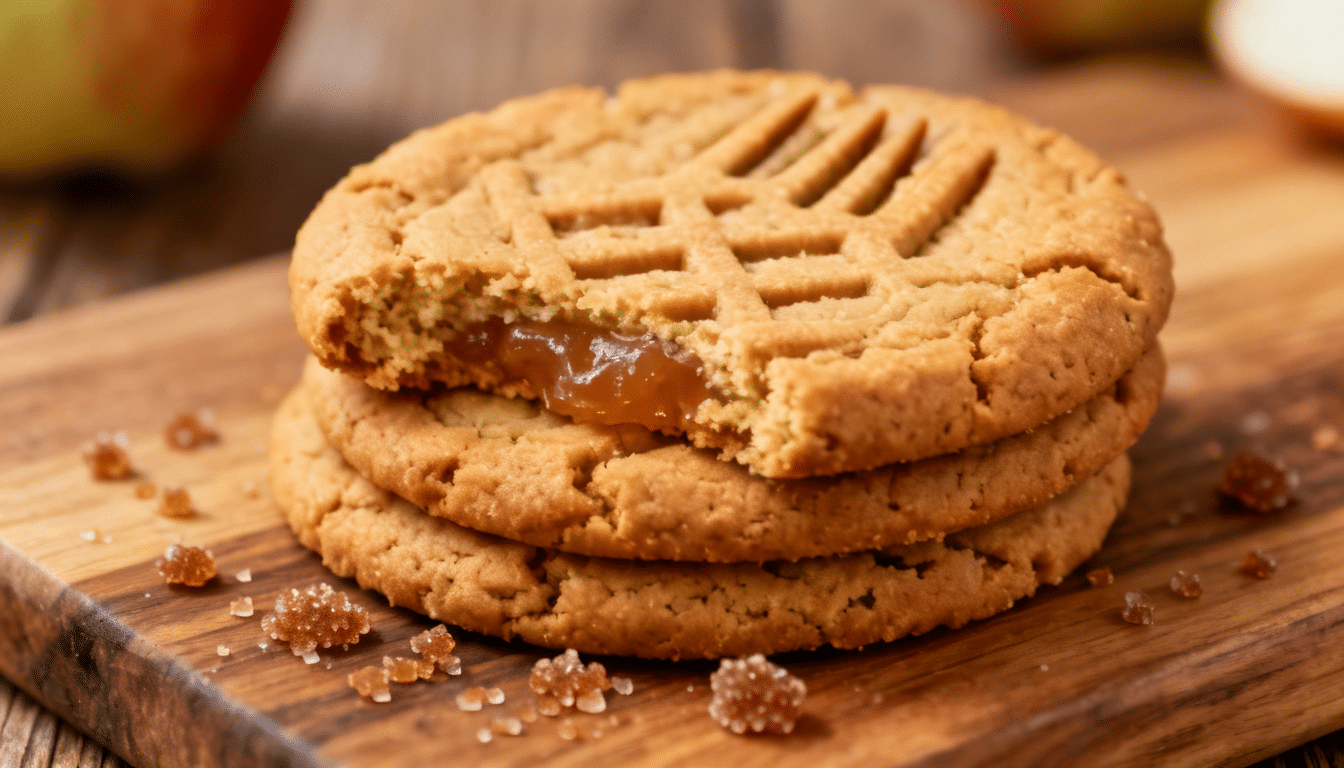 peanut butter sandwich cookies with apple filling stacked on a wooden board with sugar crystals scattered around