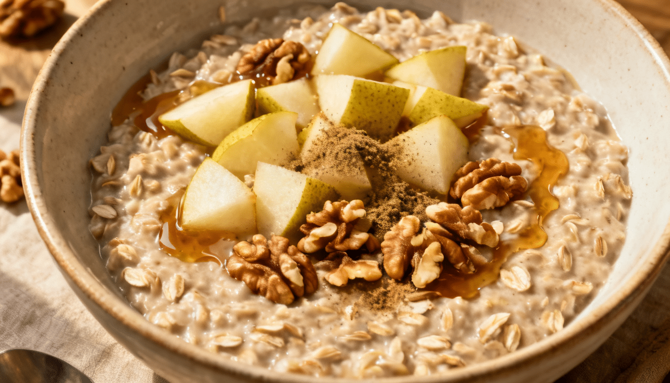 pear walnut breakfast bowl topped with diced pears walnuts cinnamon and maple syrup over creamy oats in a ceramic bowl