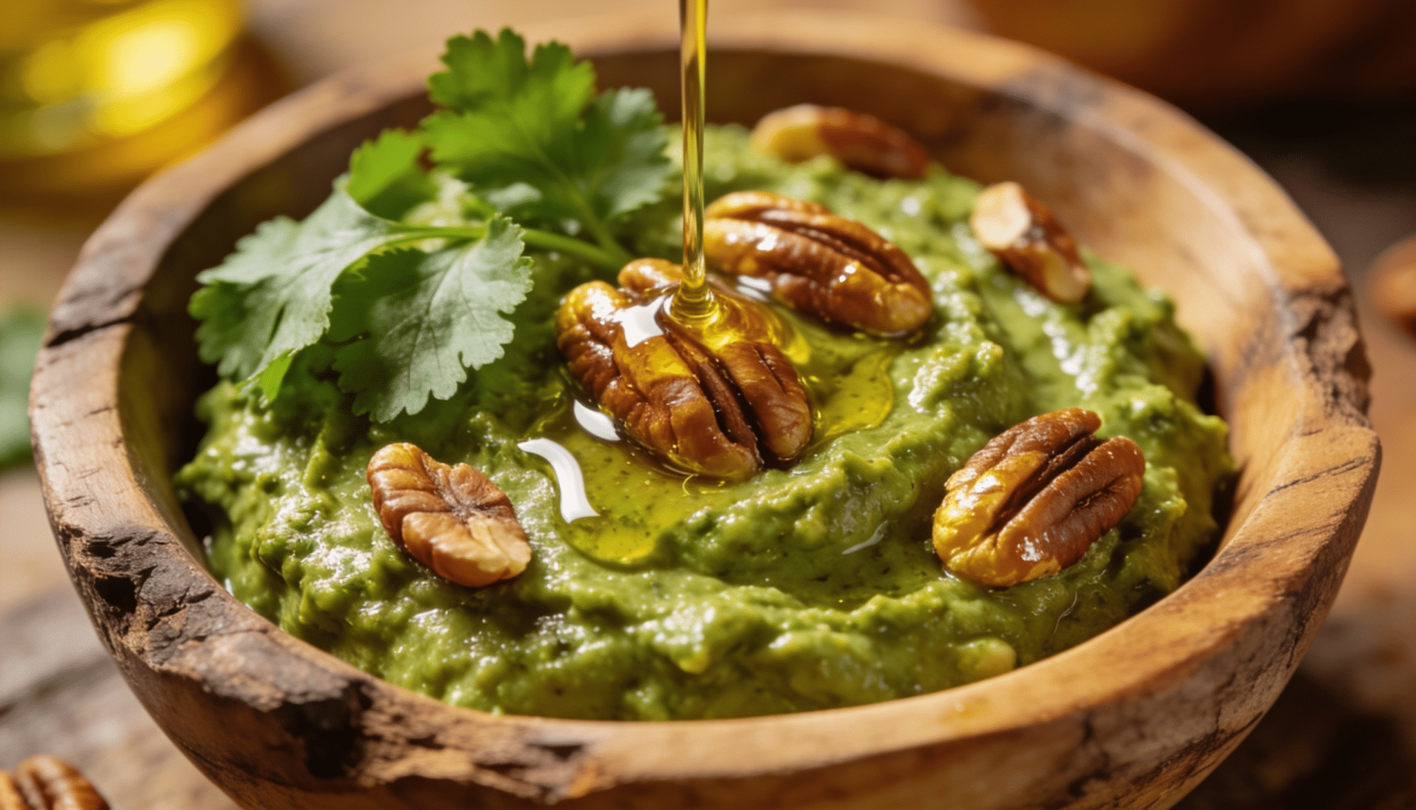 pecan cilantro pesto in rustic wooden bowl topped with pecans, fresh cilantro, and olive oil drizzle over green sauce
