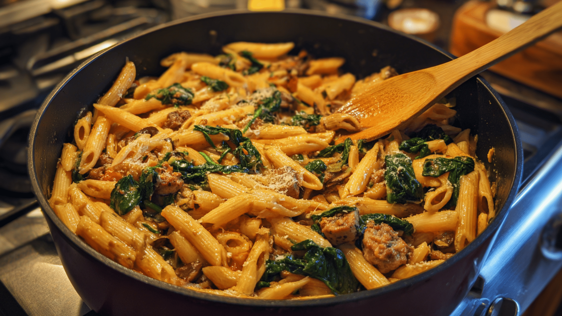 penne pasta with spinach, sausage, and parmesan cheese cooking in a skillet, stirred with a wooden spoon.