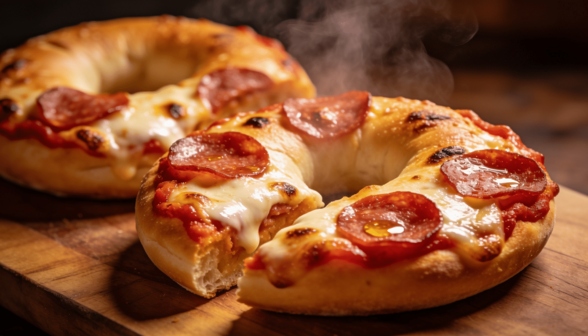pepperoni pizza bagels with melted mozzarella cheese and crispy toppings served hot on a wooden board