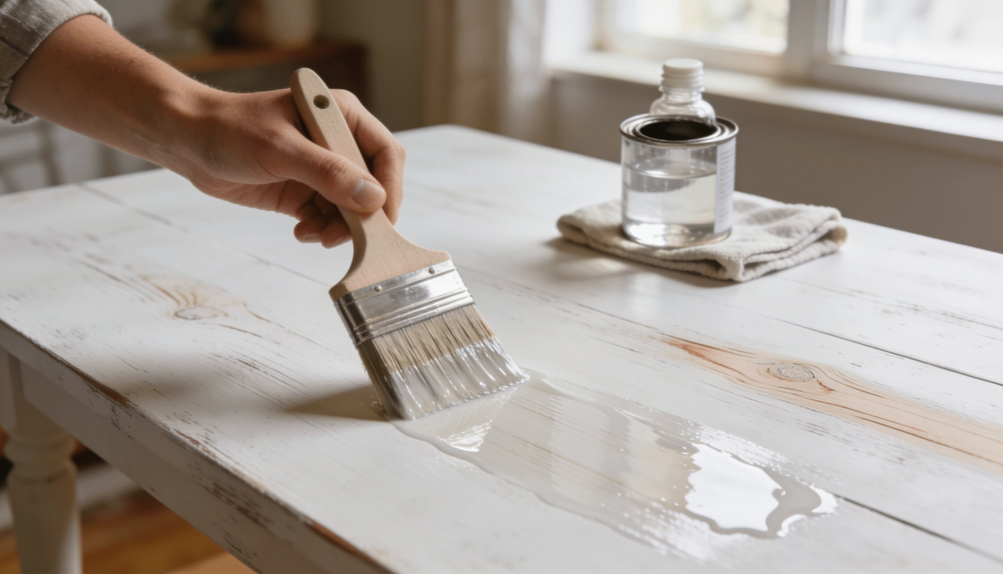 person applying a clear protective topcoat to a whitewashed wooden table using a brush to improve durability and finish longevity