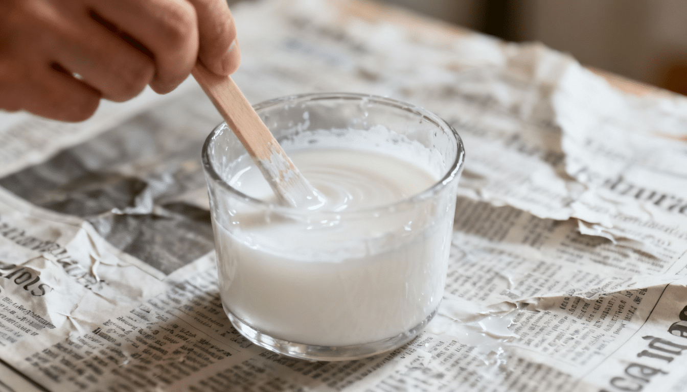 person stirring a whitewash paint mixture in a small glass container to prepare for a table makeover