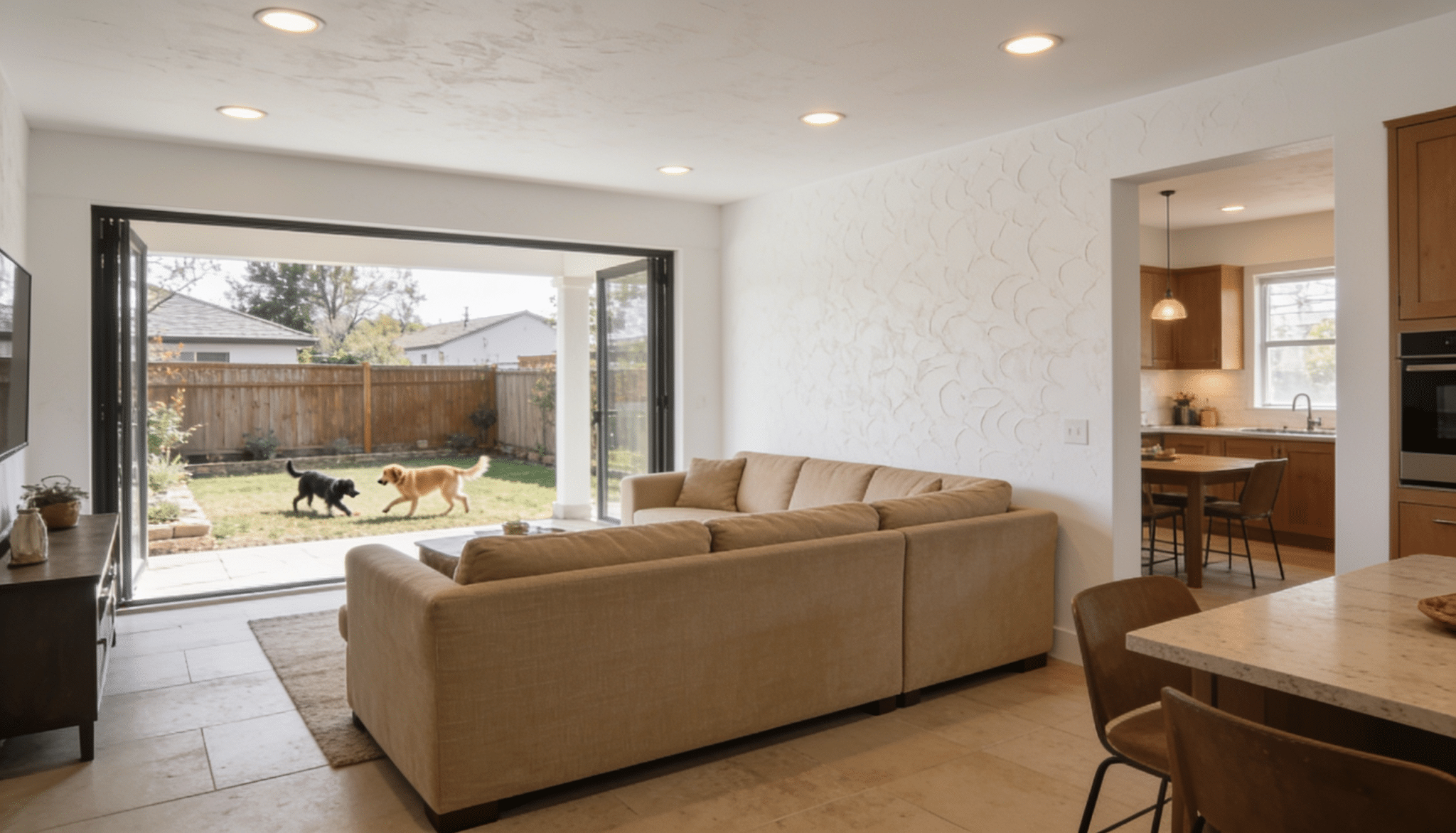 pet-friendly room addition with open living space, durable flooring, backyard access, and dog-friendly indoor-outdoor design