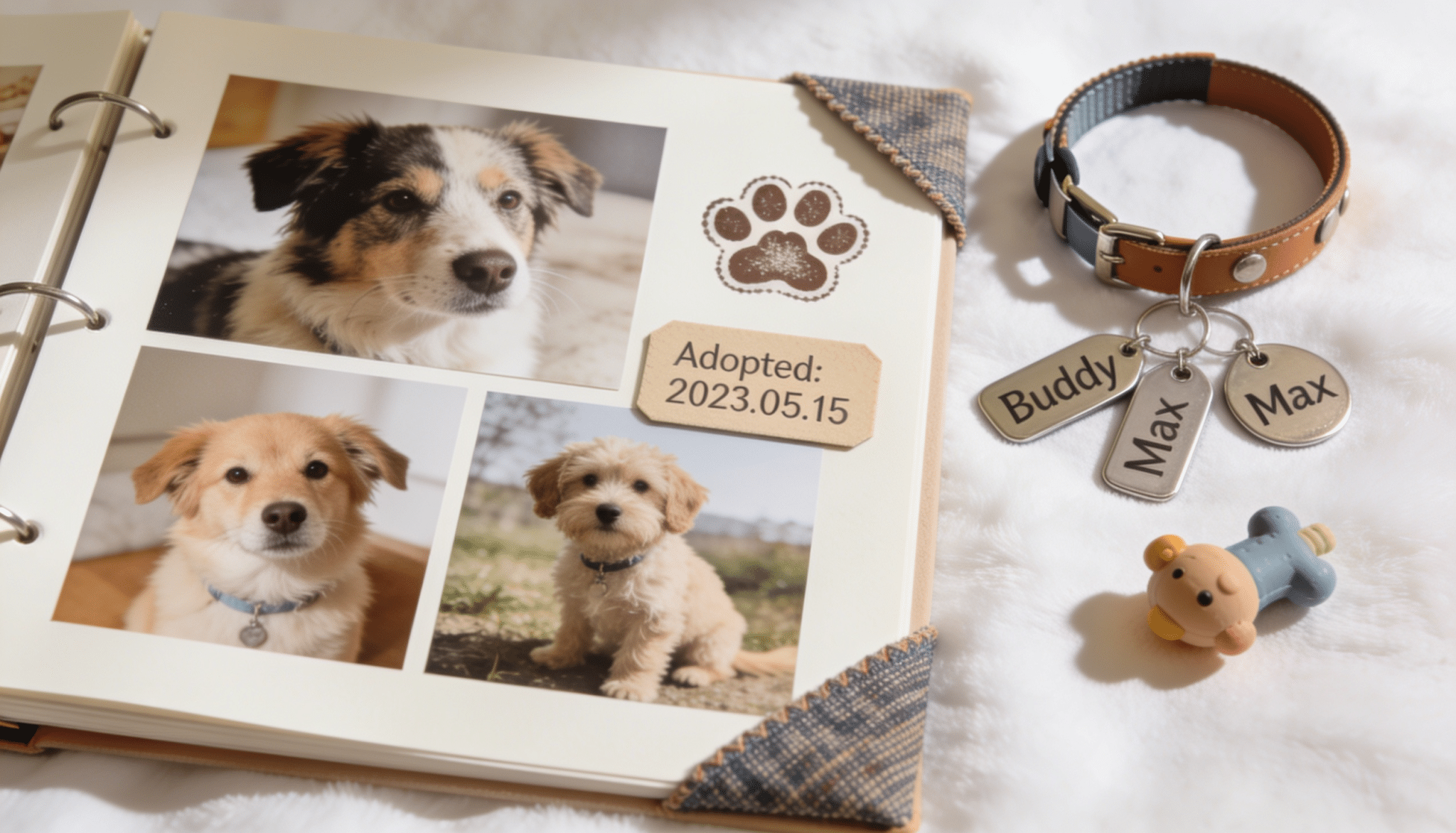 pet scrapbook page with dog photos, adoption date tag, paw print stamp, collar tags, and favorite toy on soft white surface