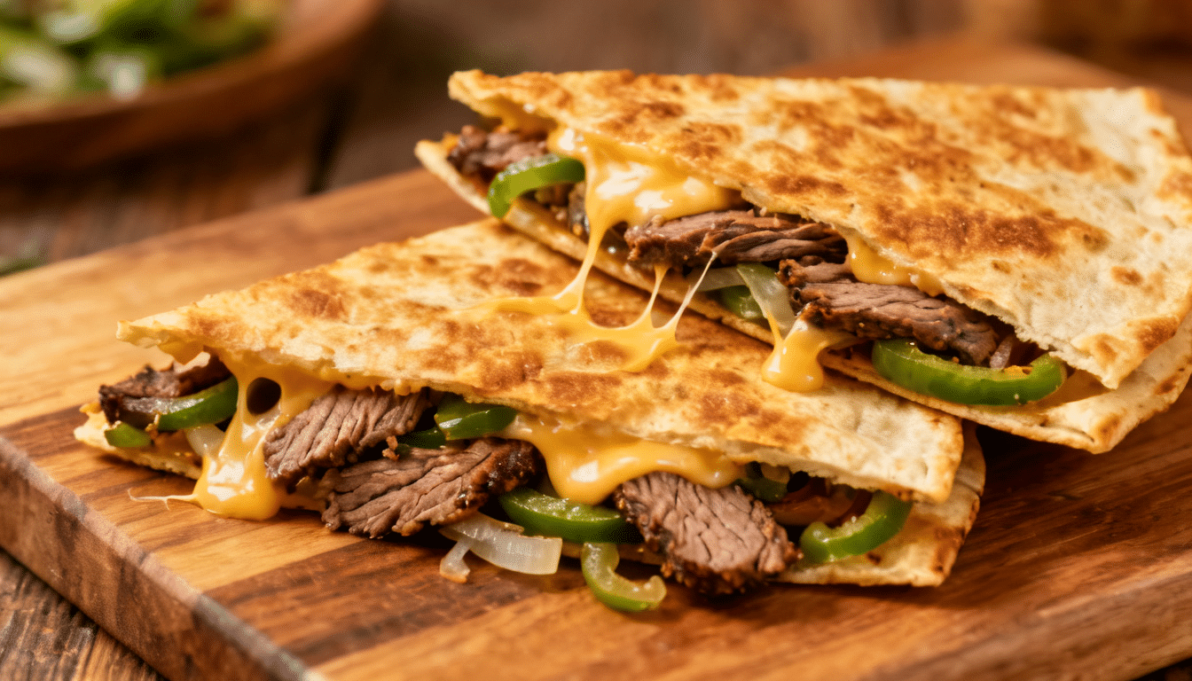 philly cheesesteak quesadillas filled with sliced beef, melted cheddar cheese, sautéed peppers, and onions in crispy golden tortillas on a wooden board
